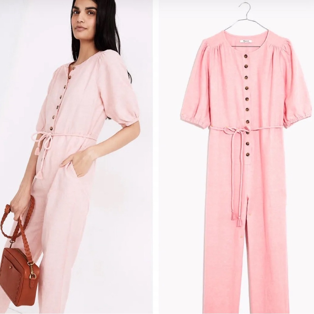 Madewell pink Linen-Blend Puff-Sleeve Tassel-Tie Jumpsuit sizeXL NWT
